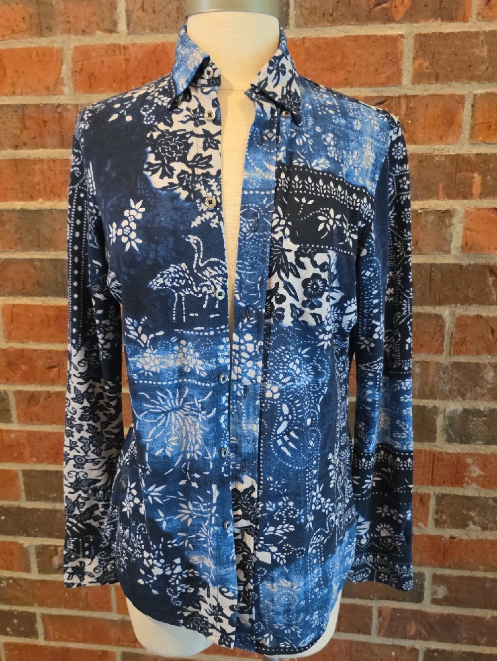 Ralph Lauren Indigo Print Knit Oxford Button Down Shirt Long Sleeve EUC Size Med